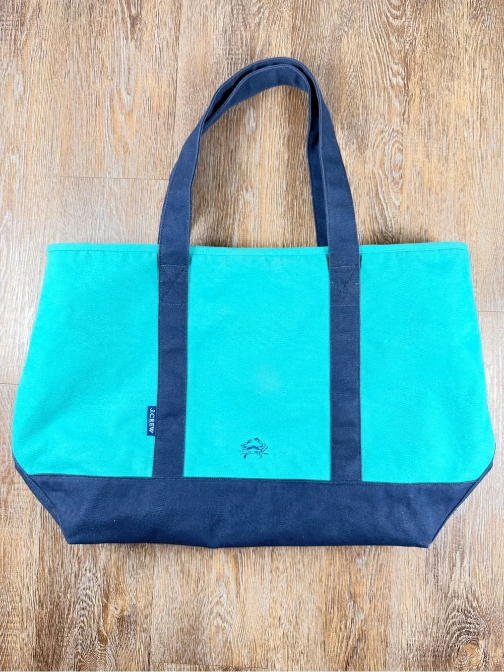 J.Crew Canvas Boat Tote Teal Navy Crab Embroidered Nautical NWT